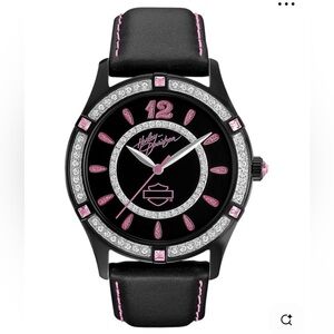 Harley-Davidson Women's Pink Label Black Dial Black Leather Strap Crystal Watch